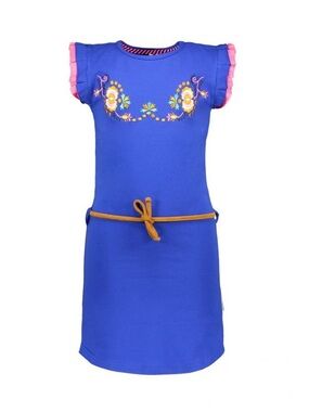 Girls Blue Embroidered Flutter-Sleeve Casual Dress with Belt